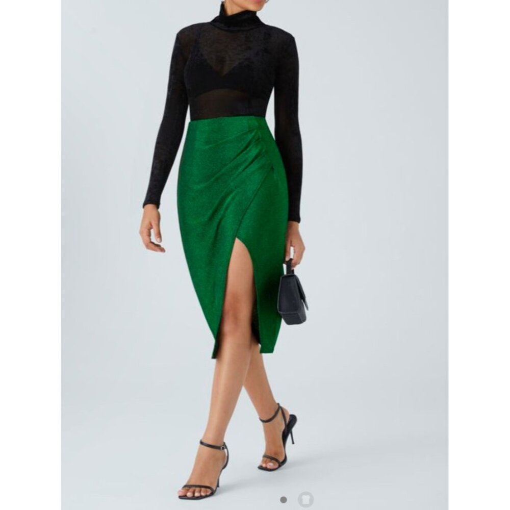 Halara High Waisted Ruched Split Tulip Hem Metallic Party Skirt Sz Medium Green